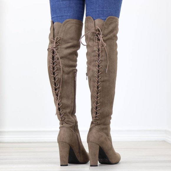Taupe Suede Thigh High Boots Over The Knee Block High Heel With Lace Up Back - Picture 8 of 14